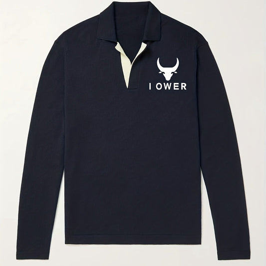Bull Pattern Knit Polo Shirt Men's Casual Lapel Stretch V Neck Pullover Sweater
