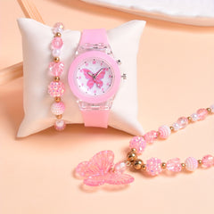 3pcs Set Girls Butterfly Quartz Watch LED Flashing Luminous Wristwatches