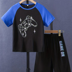 Boys Game On Gamepad Graphic Casual Outfit Round Neck T shirt & Shorts