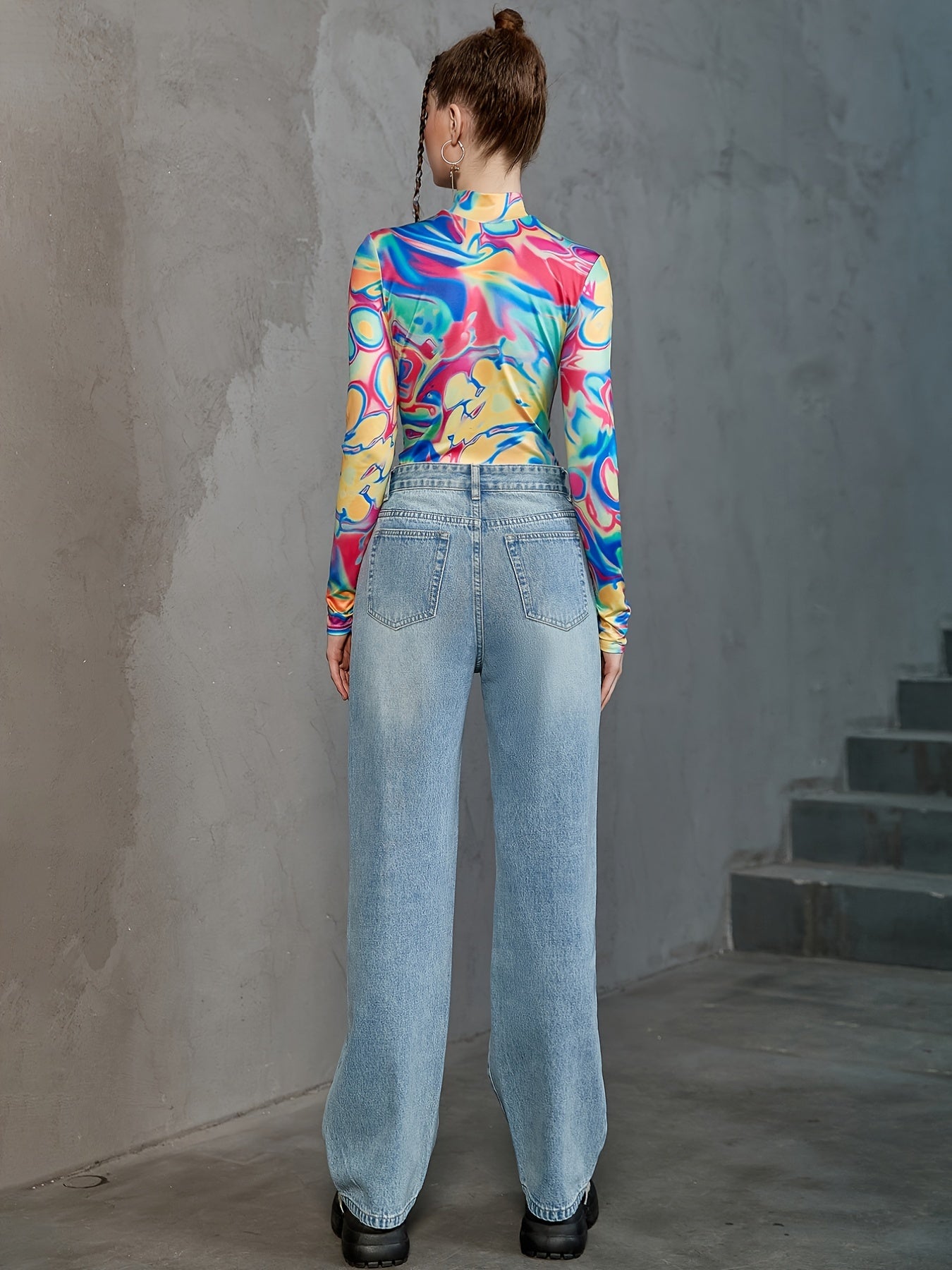 Print Zip Up Bodysuit Sexy Long Sleeve One Piece Women's Clothing