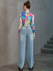Print Zip Up Bodysuit Sexy Long Sleeve One Piece Women's Clothing