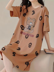Bear Print Nightdress Short Sleeve Crew Neck Pajama Dress