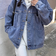 Loose Fit Denim Jackets Patch Pockets Long Sleeves Lapel Versatile Denim Coats
