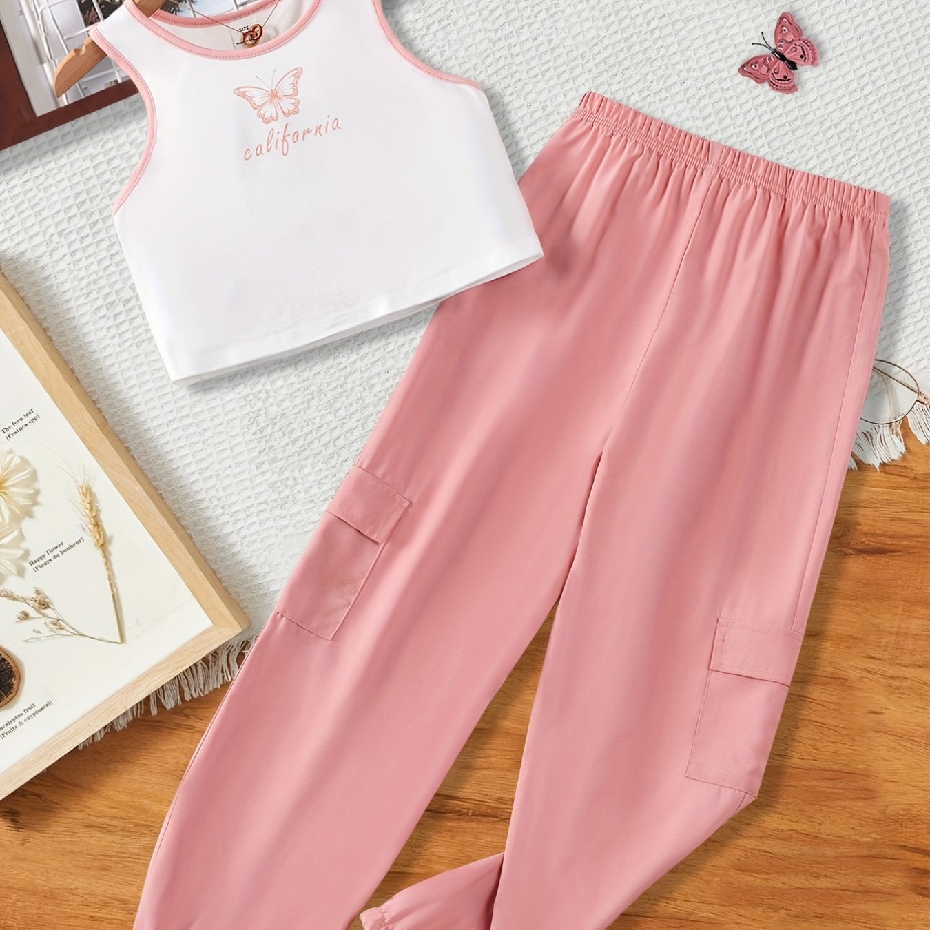 Girls Casual Butterfly Print Vest & Pants Set for Summer Party