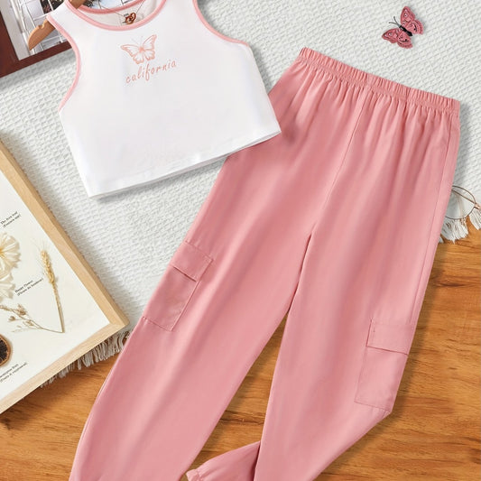 Girls Casual Butterfly Print Vest & Pants Set for Summer Party