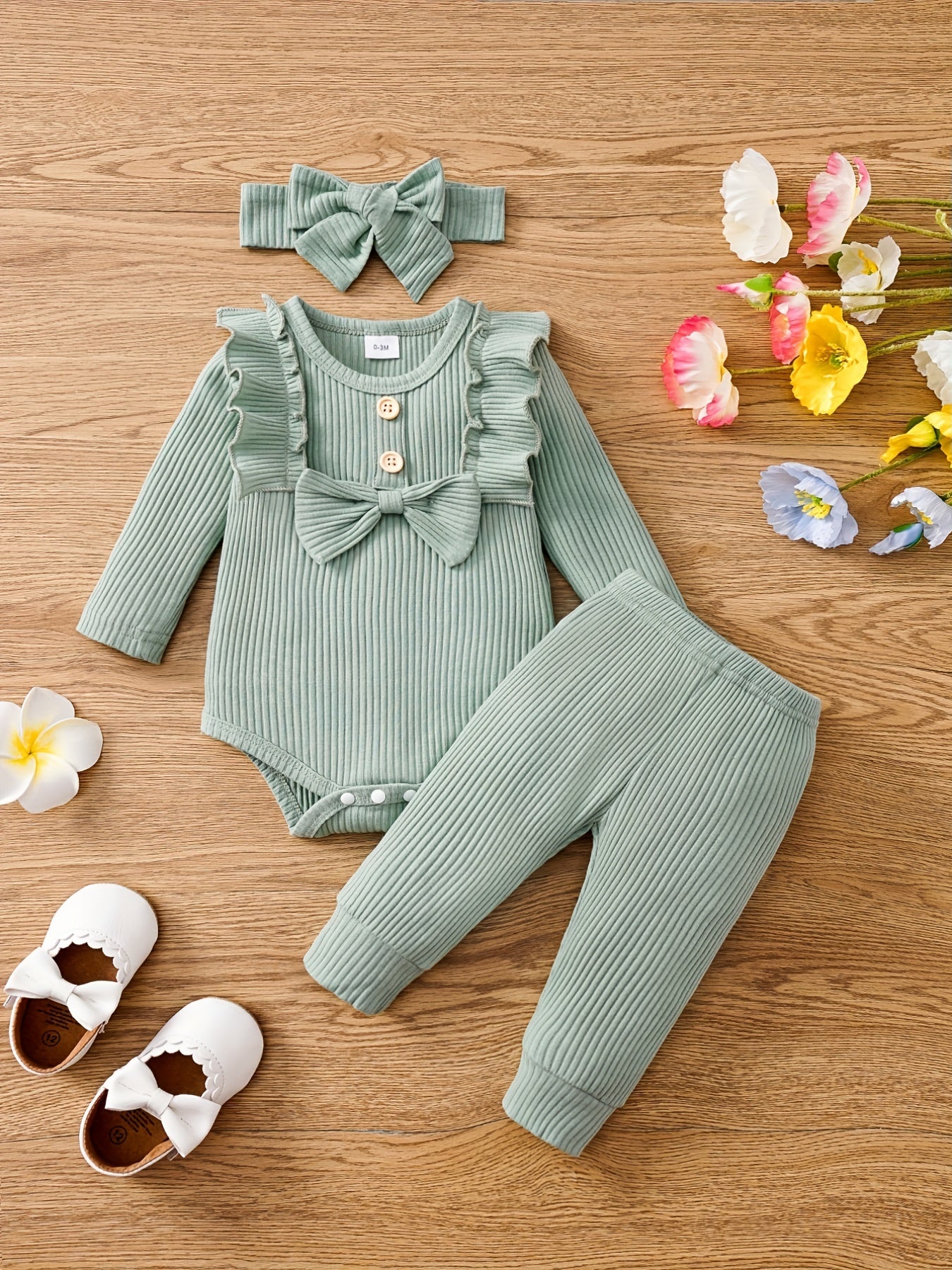 3pcs Baby Girls Bowknot Onesie & Pants & Headband Set