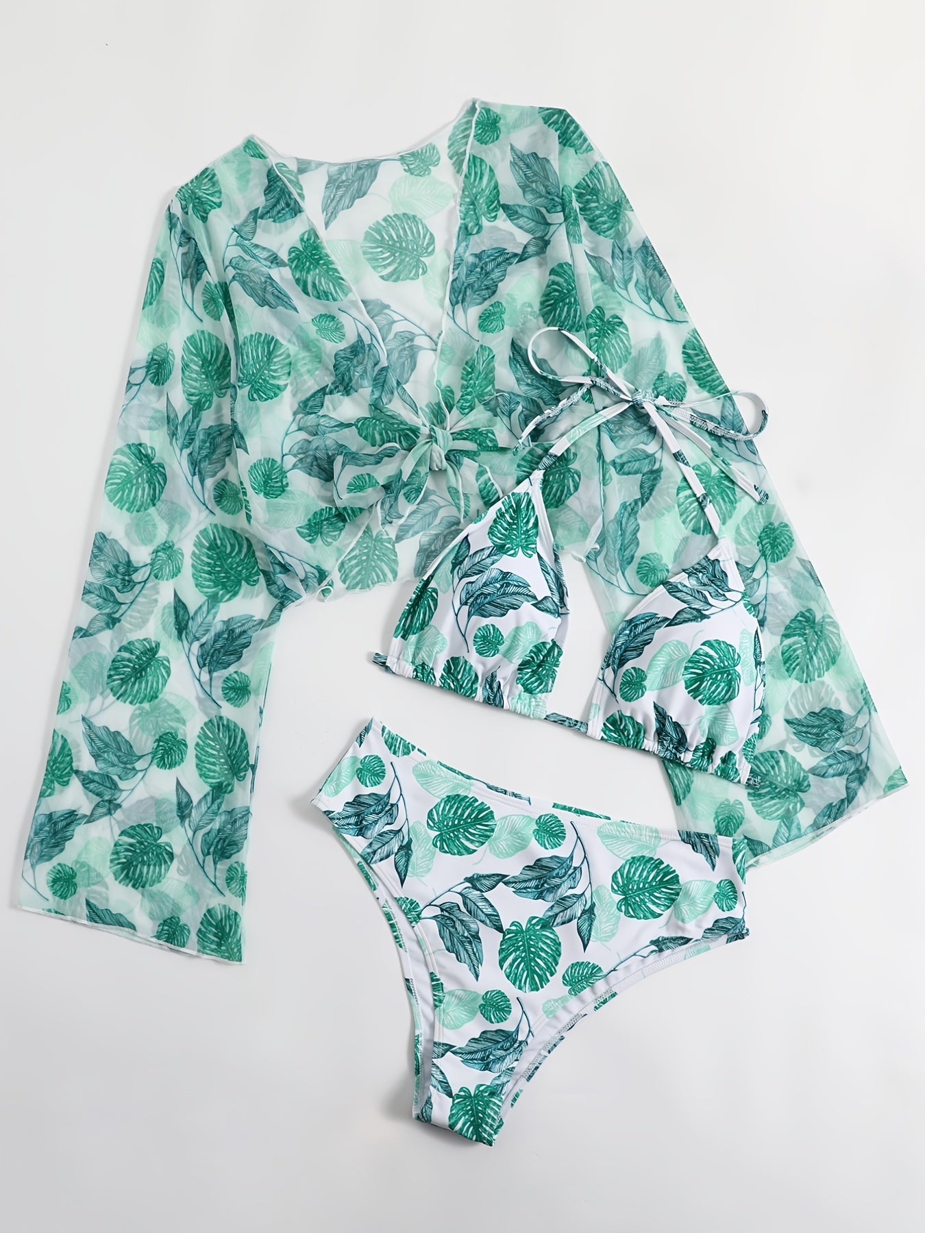 3pcs Floral Print Bikini Set Plus Size with Cover Up Tops Women's Vacation Swims