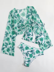 3pcs Floral Print Bikini Set Plus Size with Cover Up Tops Women's Vacation Swims