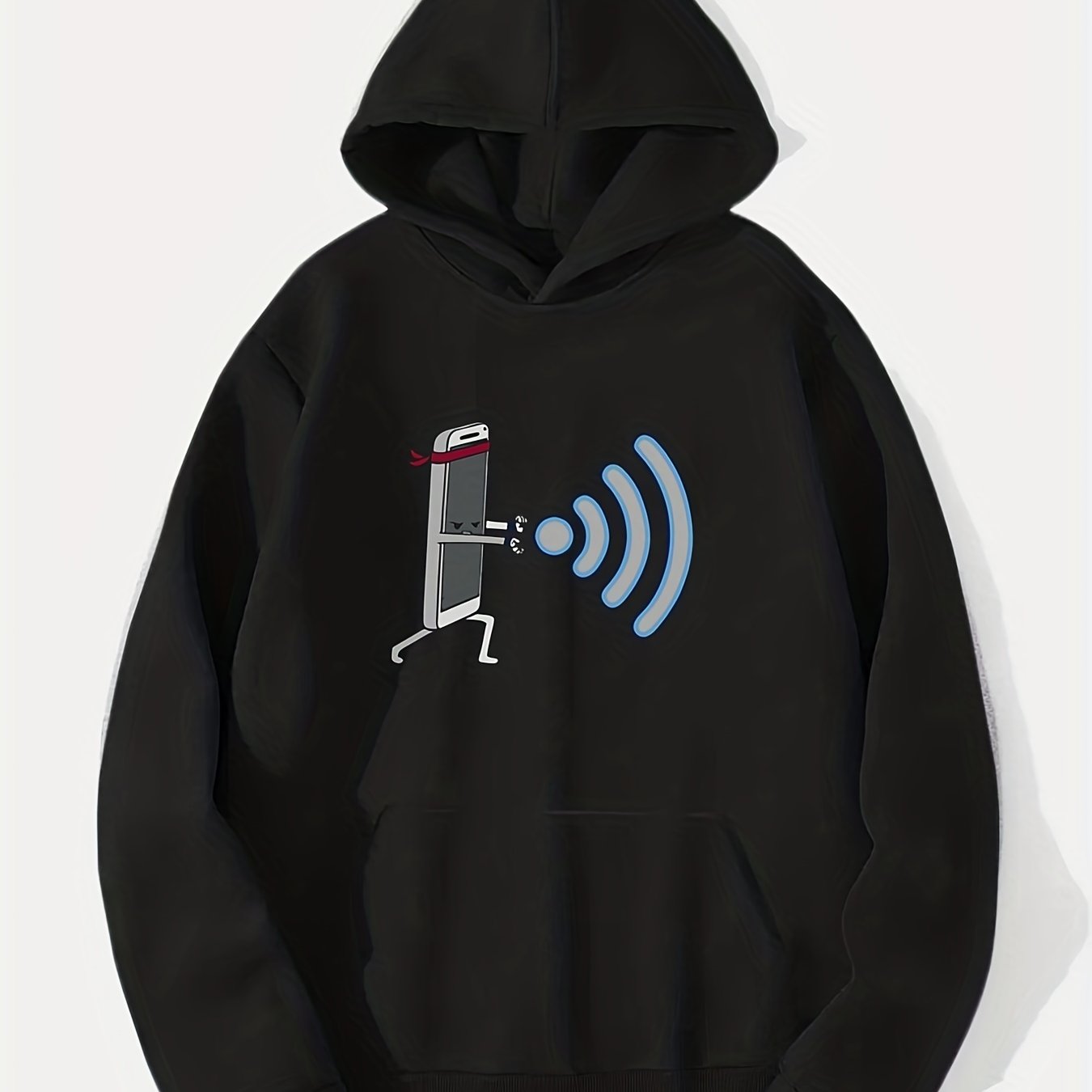 Comic Phone & WiFi Signal Print Hoodie Men's Graphic Pullover Hoodie