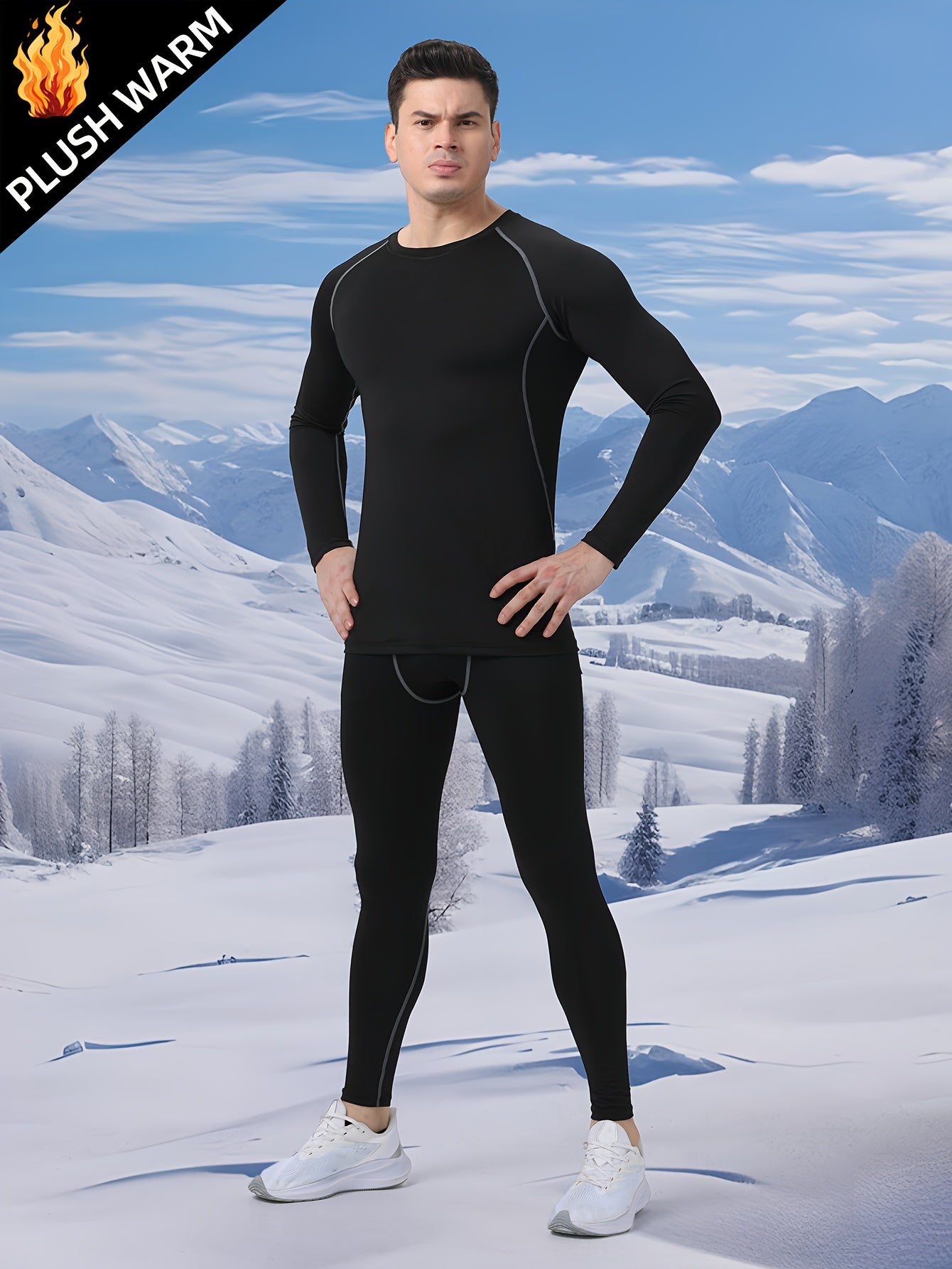 Men's Thermal Sports Set Quick Dry Warm Compression Long Sleeve Shirt & Leggings