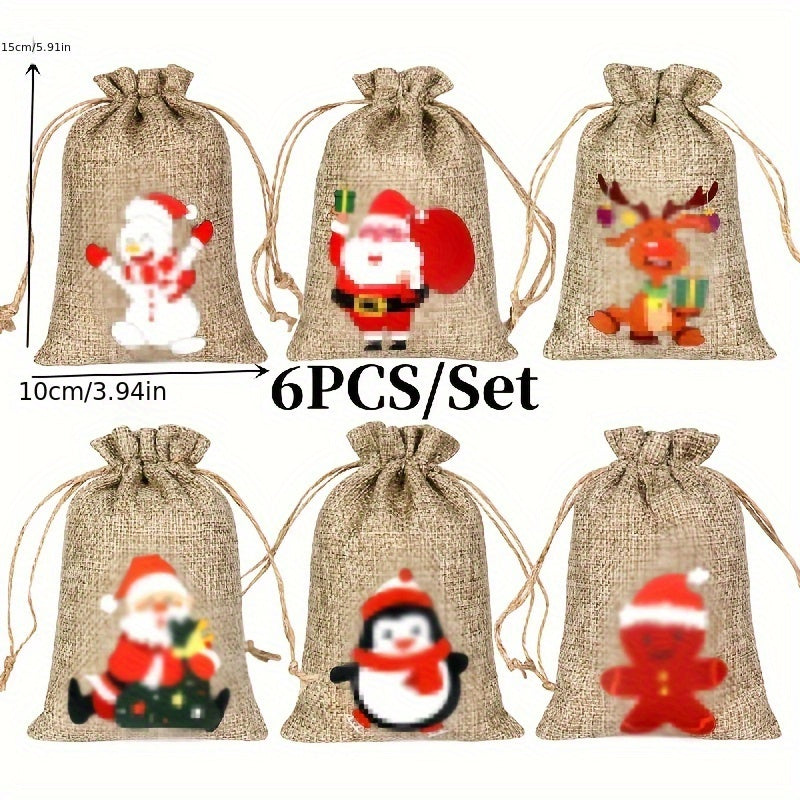 6pcs Christmas Candy Bags Set Drawstring Linen Bag for Holidays