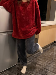 Plush Pajamas Set Crew Neck Top & Fluffy Waistband Pants