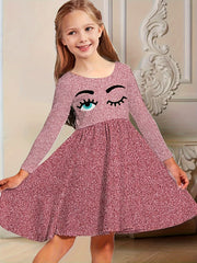 Girls Funny Eyes Print Long Sleeve Dress for Spring