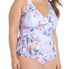 Floral Print Surplice Neck One Piece Swimsuit With Belt