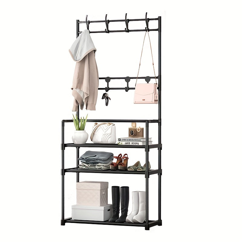Standing Coat Rack with 3-4 Layers of Storage and 8 Double Hooks