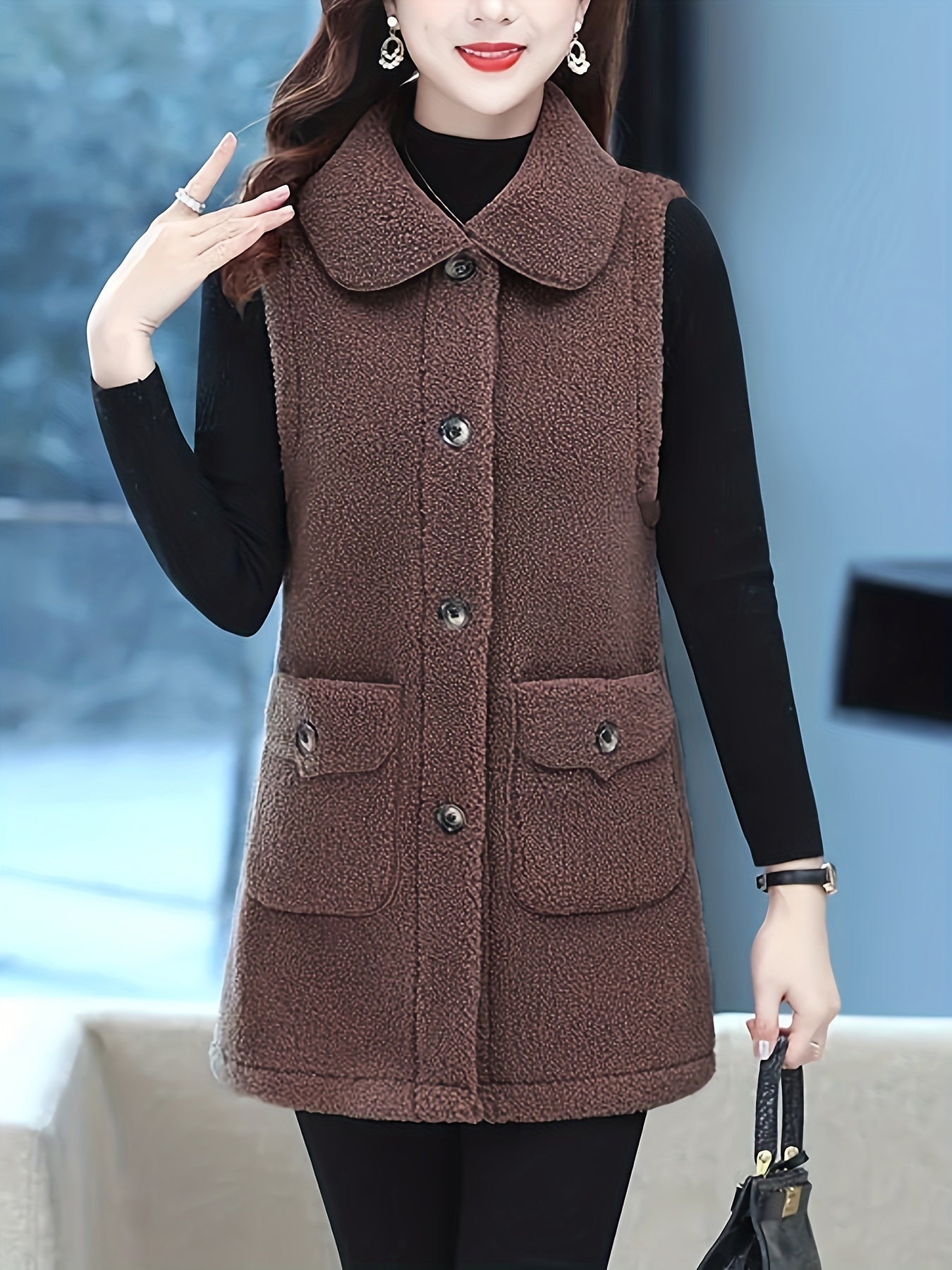 Solid Button Vest Warm Lapel Pocket for Women