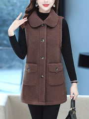 Solid Button Vest Warm Lapel Pocket for Women