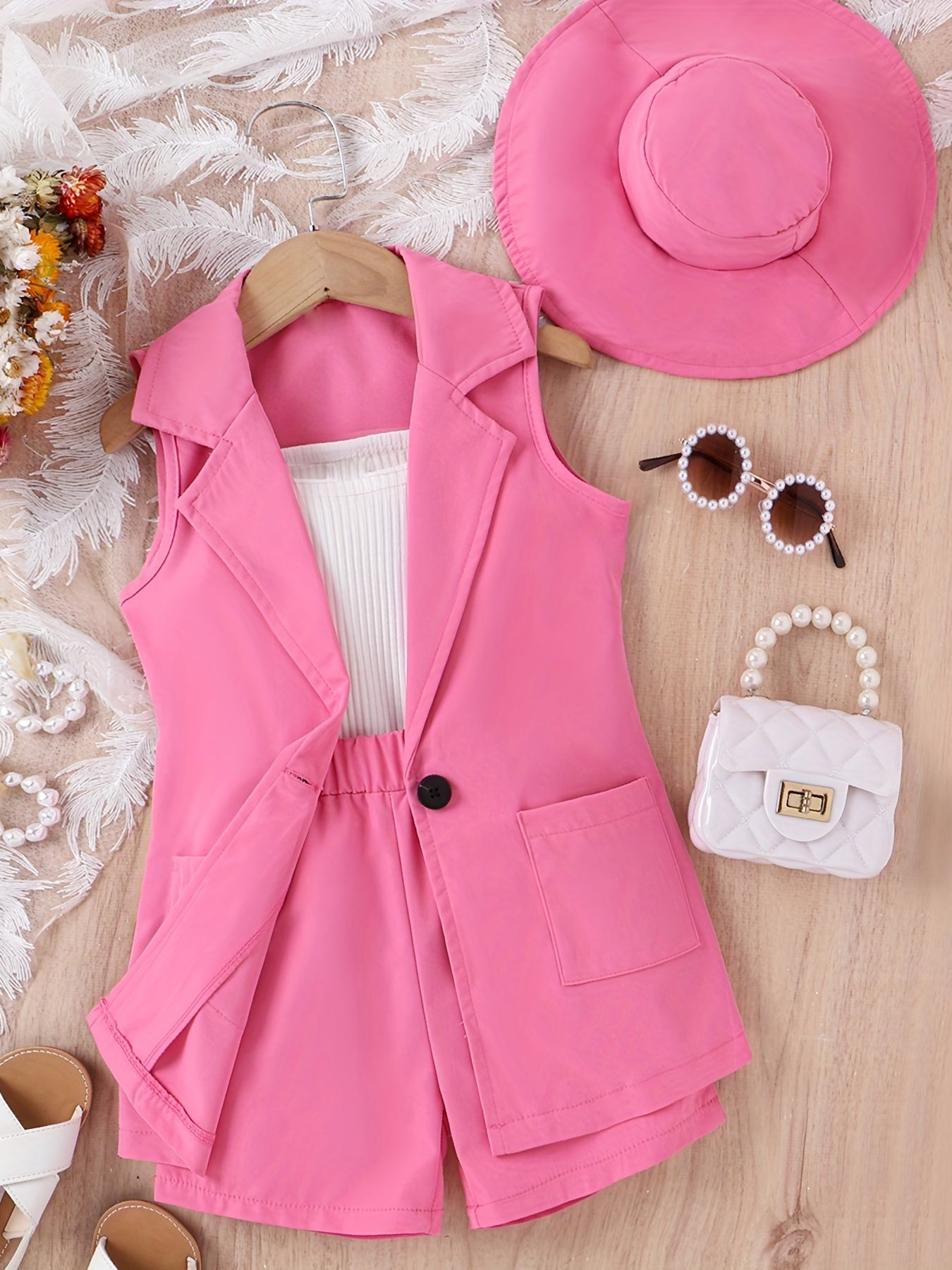 Girls 4pcs Summer Vest, Strip Top, Shorts, Hat Set