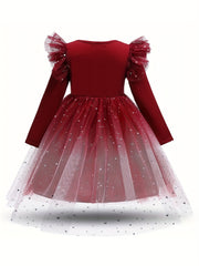 Girls' Starry Sky Princess Dress Long Sleeve Fairy Dress Christmas Tutu