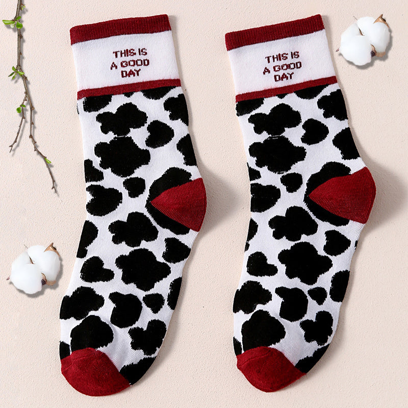 Colorblock Socks Cow Spots Print Mid Tube Socks Women's Stockings