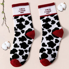 Colorblock Socks Cow Spots Print Mid Tube Socks Women's Stockings