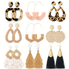 Rattan Tassel Earrings Set Bohemian Style Dangle Stud Earrings
