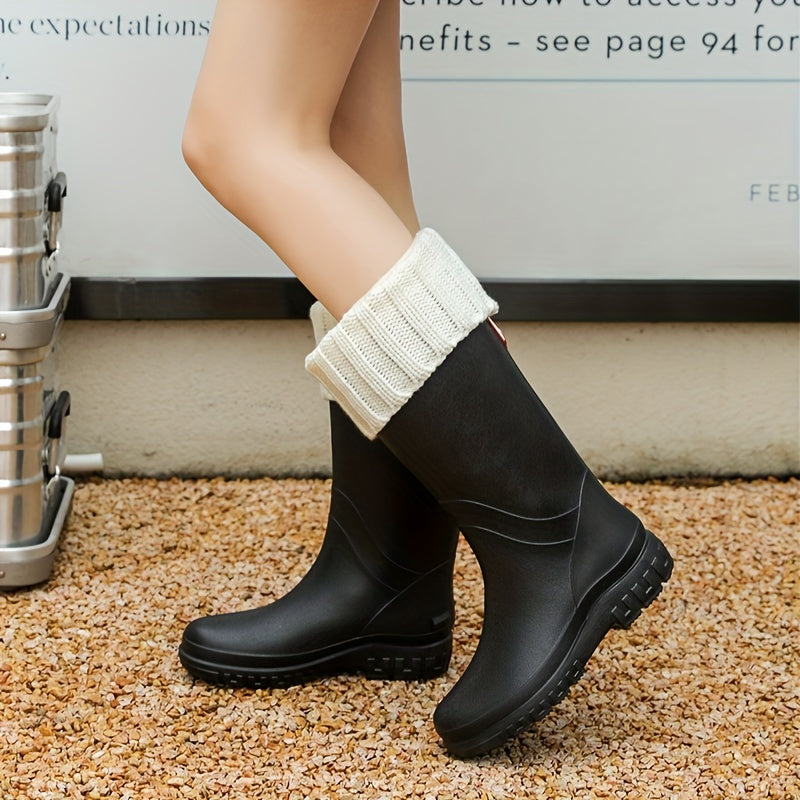 Women's Fleece Liner Rain Boots Slip on Waterproof Mid Calf Boots
