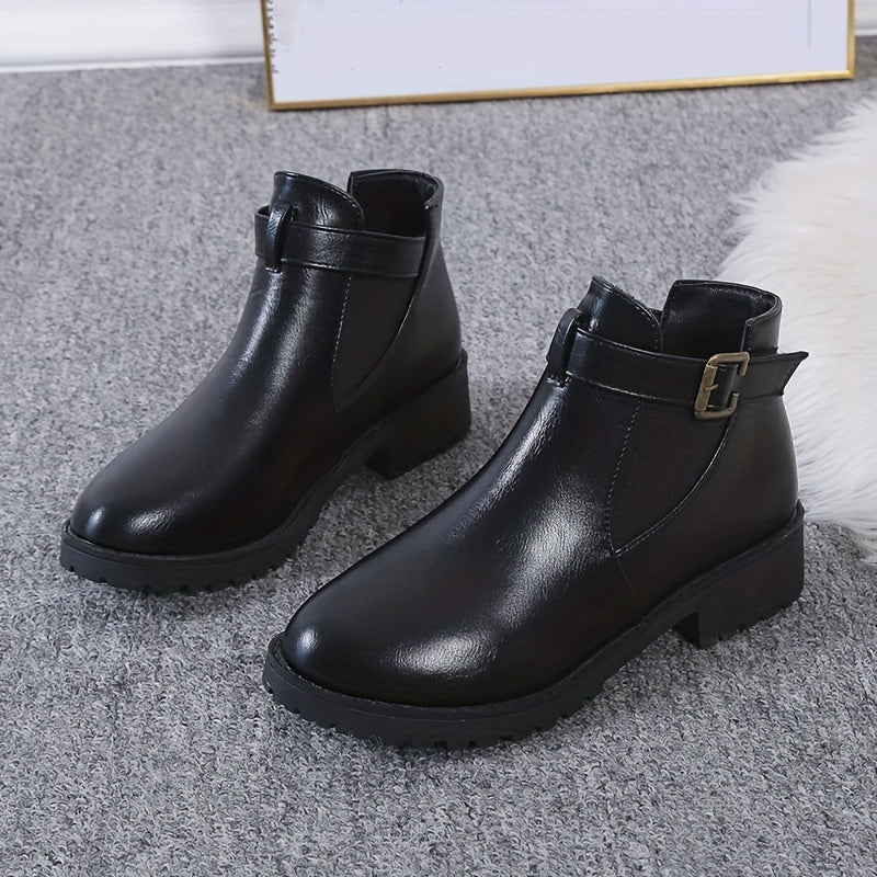 Solid Chunky Heel Boots Buckle Strap Short Boots Comfortable