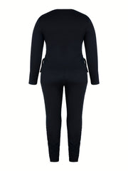 2 Piece Set Solid Long Sleeve Top & Cut Out Pants