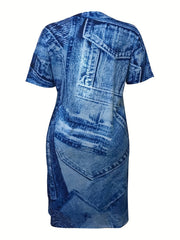 Denim Print V Neck Tee Dress with Pockets