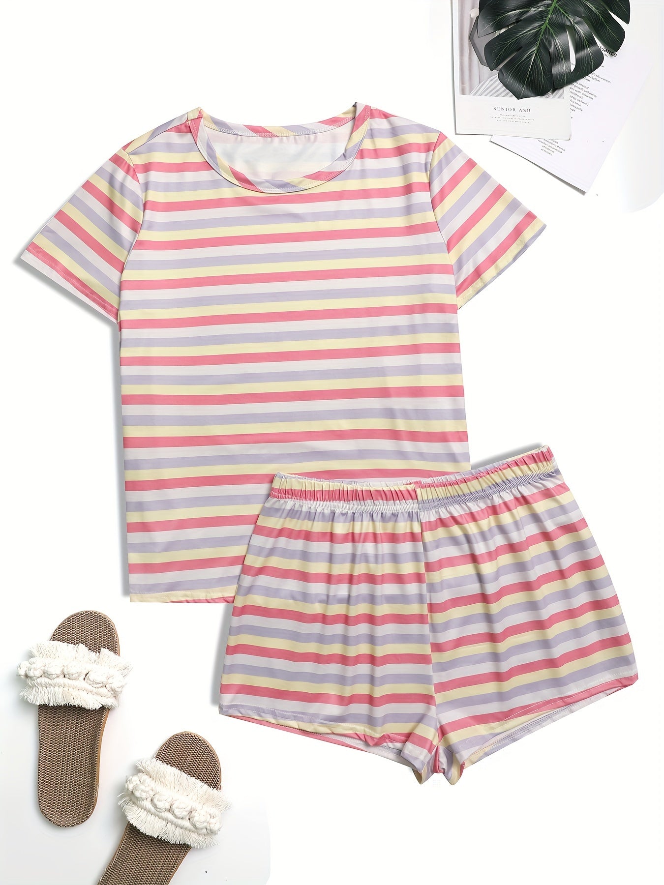 Colorblock Striped Pajama Set Short Sleeve Crew Neck Top & Lounge Shorts