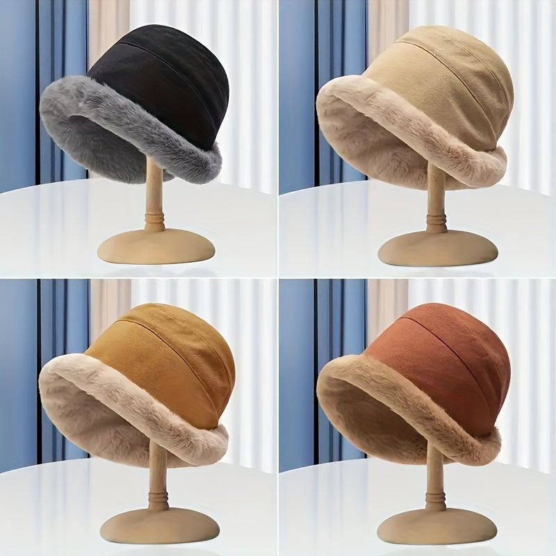 Plush Fisherman Hat for Women Winter Warm Basin Hat Outdoor Travel Hat