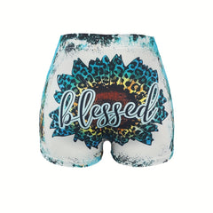 Letter & Sunflower Print Skinny Shorts Casual Shorts