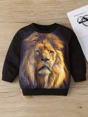 Lion Print Boys Casual Pullover Sweatshirt Crew Neck Tops