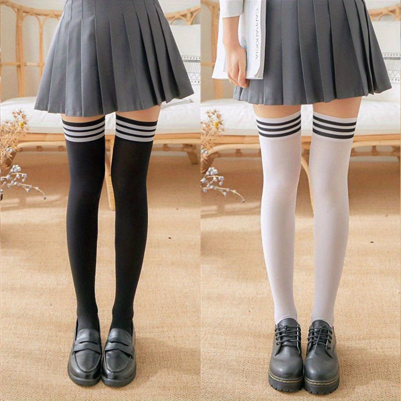 Striped Thigh High Socks College Style Over The Knee Socks Women's Stockings