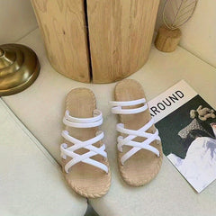 Women's Cross Strap Flat Slides Open Toe Espadrille Beach Sandals