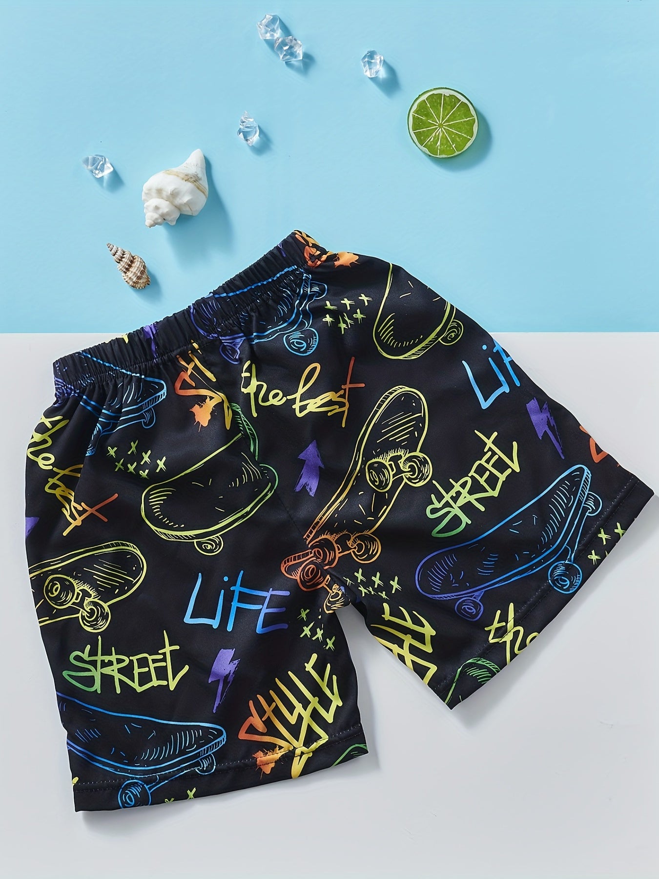 Boys Letter & Skateboard Print Shorts Soft Comfortable for Sum