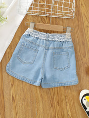 Girls Denim Shorts with Lace Belt for Summer
