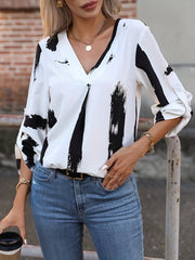 Casual Blouse Women's Plus Brush Print Roll Up Long Sleeve