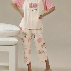 Bunny Print Pajamas Set Short Sleeve Top & Crop Pants