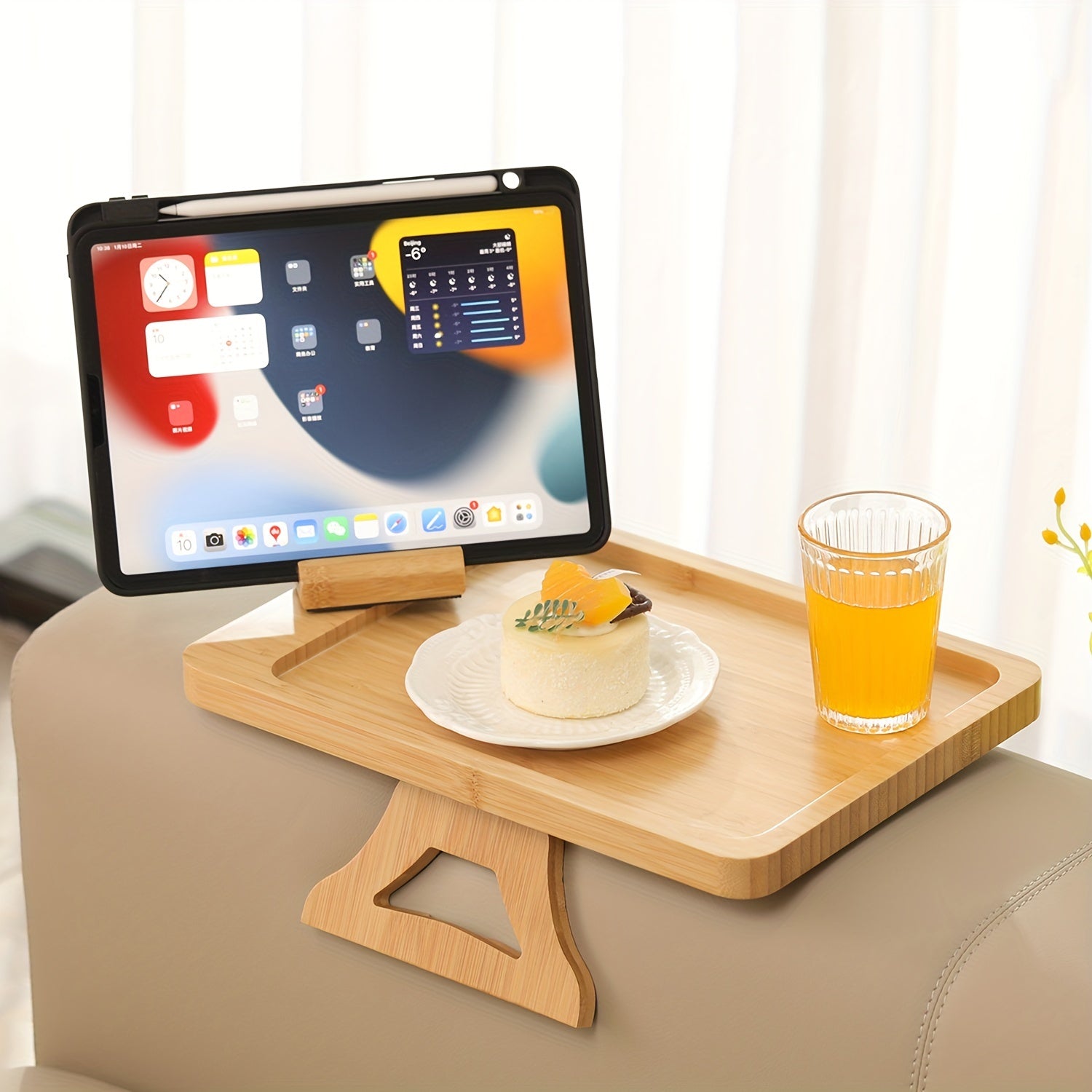 Bamboo Sofa Arm Table with Foldable Tray Clip Table