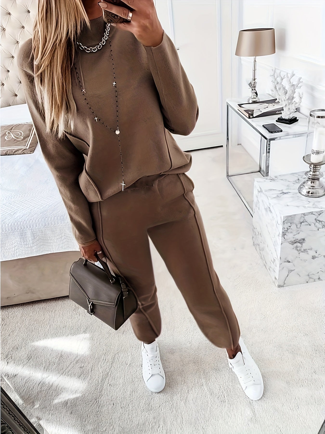 Solid Long Sleeve Mock Neck Pullover Top & Pants Set