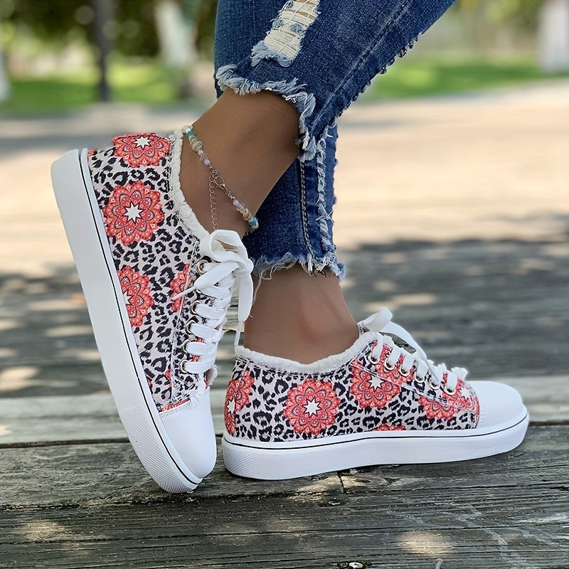 Women's Flower & Leopard Print Canvas Shoes Low Top Sneakers