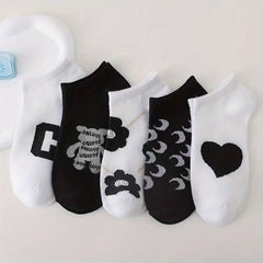 5 Pairs Letter & Floral Print Low Cut Socks for Women