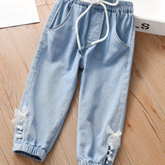 Girls' Bead & Lace Denim Jogger Pants Trousers