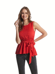 Texture Sleeveless Crew Neck Solid Blouse