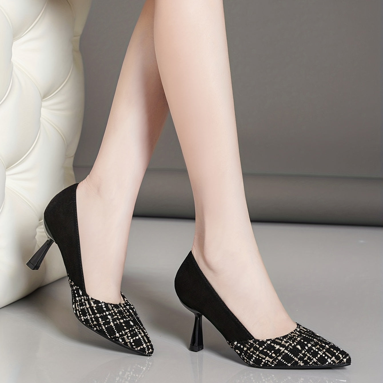 Women's Plaid Stiletto Heels Point Toe Work Pumps