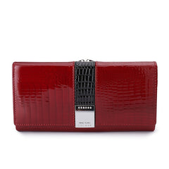 Red Leather Long Wallet for Women Crocodile Texture Bifold