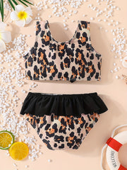 Girls Leopard Print Bow Ruffles Bikini Swimsuit Beach Swimwear Bathing Suits