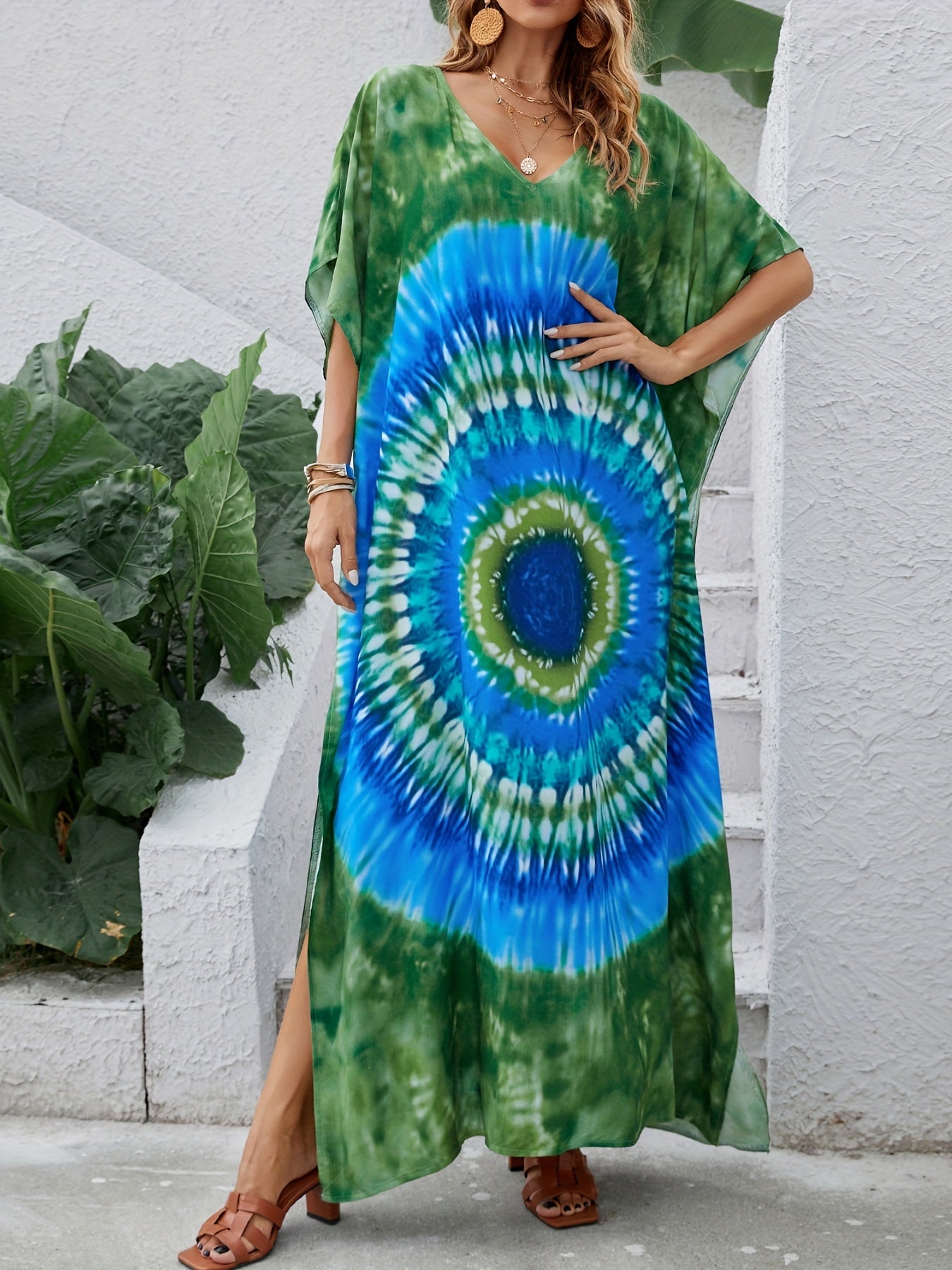 Boho Cover Up Dress Bat Sleeve V Neck Tie Dye Slight Stretch